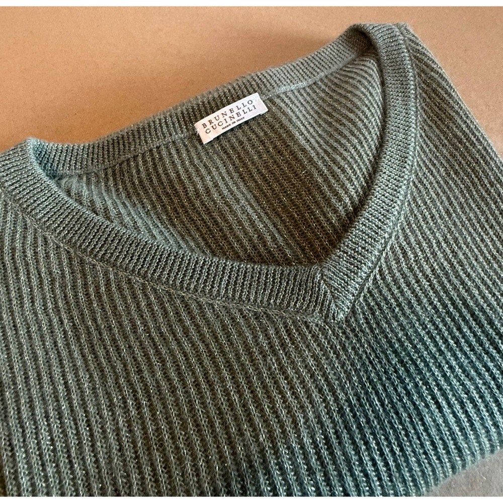 Brunello Cucinelli Women XL Green Mohair Wool Blend V-Neck Ribbed Luxury Sweater